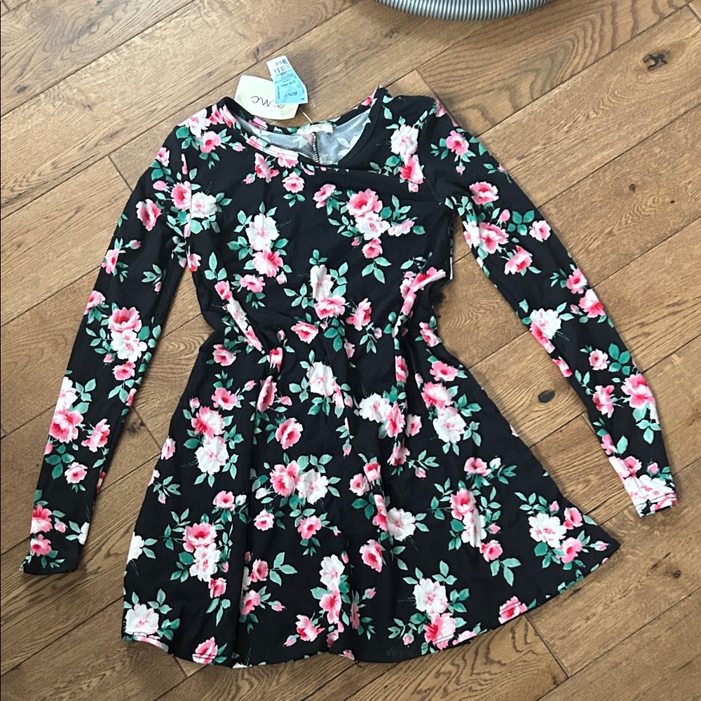 Pinc Black Floral ladies Dress tunic top stretch soft cozy long sleeve crew neck